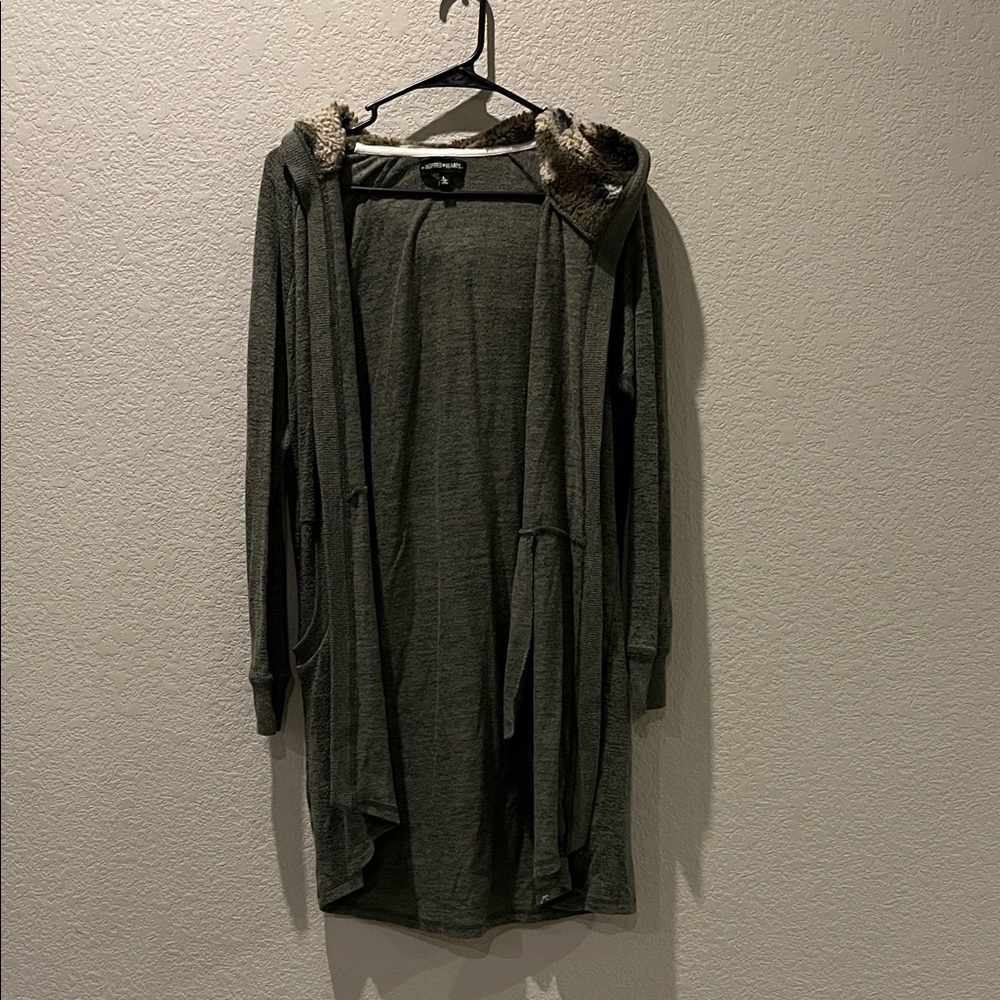 Gray Hooded Cardigan with Faux Fur Trim